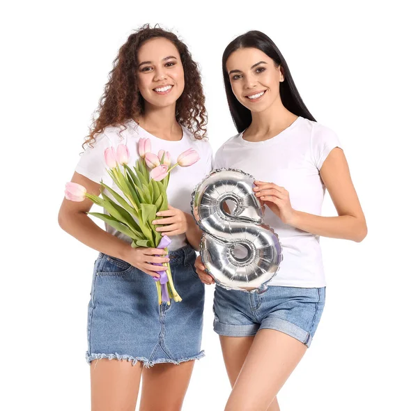 Belles Femmes Avec Des Fleurs Ballon Sur Fond Blanc Célébration — Photo