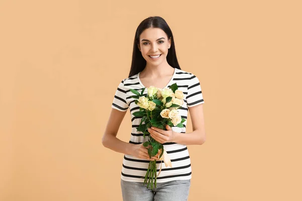 Beautiful Young Woman Flowers Color Background International Women Day Celebration — Stock Photo, Image