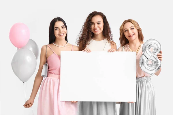 Beautiful Women Balloons Blank Poster White Background International Women Day — Stock Photo, Image