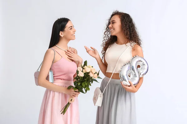 Beautiful Women Balloon Flowers White Background International Women Day Celebration — Stock Photo, Image