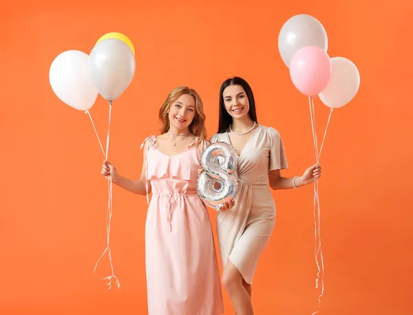 Beautiful Women Balloons Color Background International Women Day Celebration — Stock Photo, Image