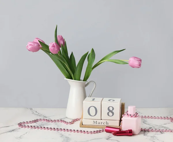 Calendar Female Accessories Flowers Table International Women Day Celebration — Stock Photo, Image