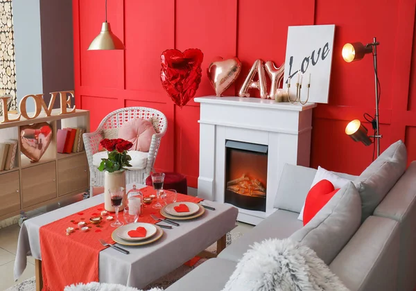 Interior Living Room Table Served Romantic Dinner — Stock Photo, Image