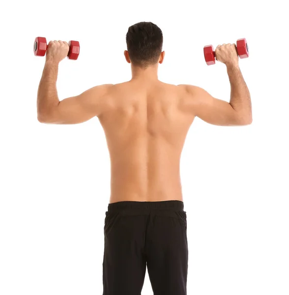 Joven Deportivo Entrenando Con Pesas Sobre Fondo Blanco —  Fotos de Stock