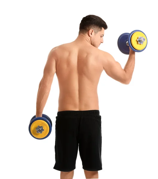 Sporty Young Man Training Dumbbells White Background — Stock Photo, Image