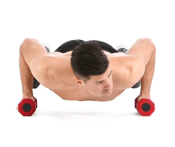 Sporty Young Man Training Dumbbells White Background — Stock Photo, Image