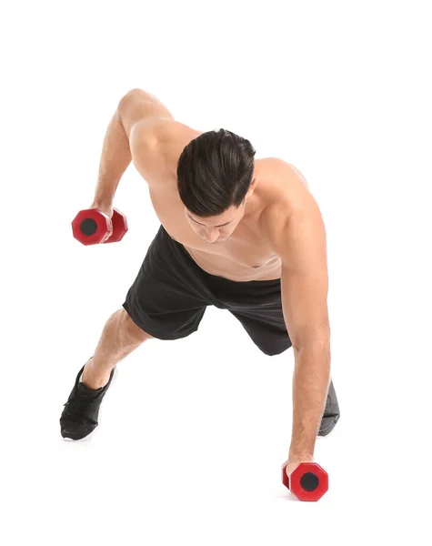 Sporty Young Man Training Dumbbells White Background — Stock Photo, Image