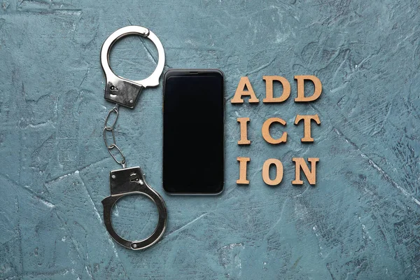 Handcuffs Mobile Phone Color Background Concept Addiction Gadgets — Stock Photo, Image