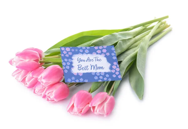 Όμορφα Λουλούδια Και Ευχετήρια Κάρτα Για Την Ημέρα Της Μητέρας — Φωτογραφία Αρχείου