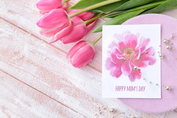 Beautiful Flowers Gift Greeting Card Mother Day Light Wooden Background — Stock Photo, Image