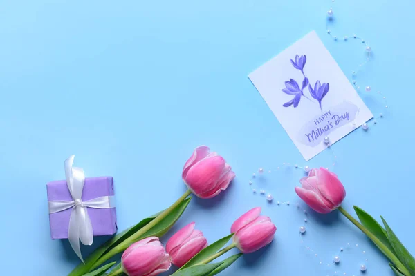 Vackra Blommor Gåva Och Gratulationskort För Mors Dag Färg Bakgrund — Stockfoto