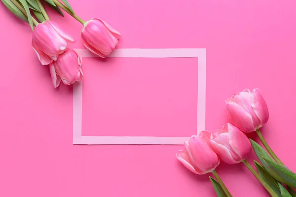 Beautiful Flowers Blank Frame Color Background — Stock Photo, Image