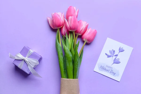 Vackra Blommor Gåva Och Gratulationskort För Mors Dag Färg Bakgrund — Stockfoto