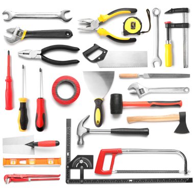 Beyaz arkaplanda farklı yapı araçları seti