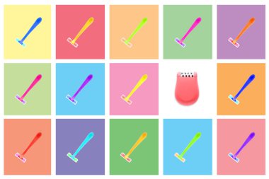 Saç temizleme kolajı ve renk arkaplanı üzerine modern epilatör