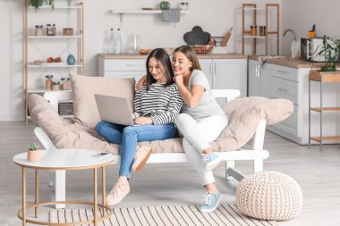 Genç lezbiyen çift evde arkadaşlarıyla görüntülü sohbet ediyor.