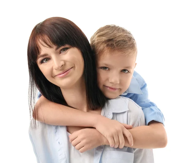 Portrait Happy Mother Son White Background — Stock Photo, Image