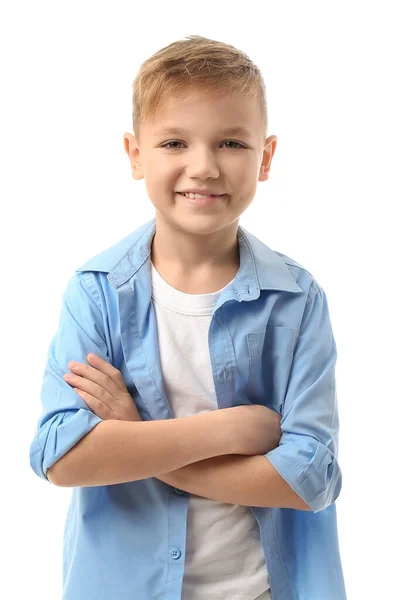 Cute Little Boy Crossed Arms White Background — Stock Photo, Image