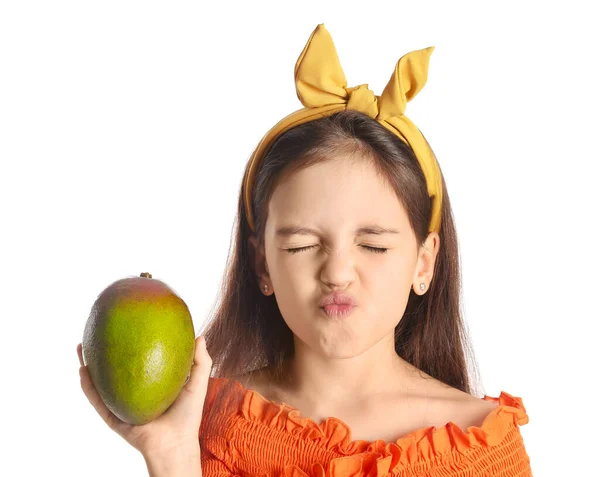 Grimacing Little Girl Fresh Mango White Background — Stock Photo, Image