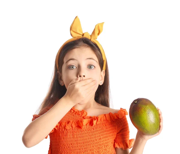 Surprised Little Girl Fresh Mango White Background — Stock Photo, Image