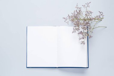 Boş açık kitap ve çiçek arkaplanda