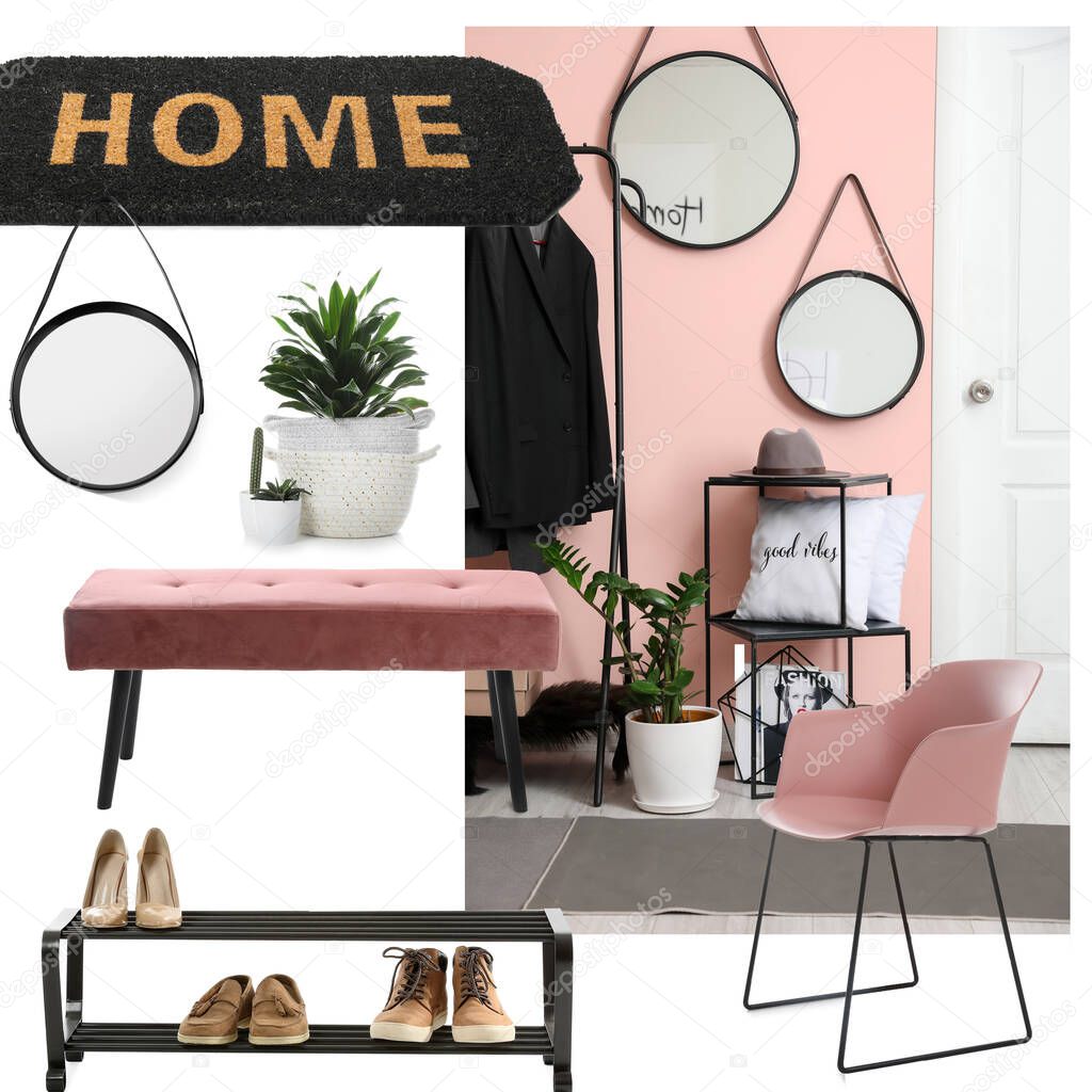 Collage of different elements for hallway interior on white background
