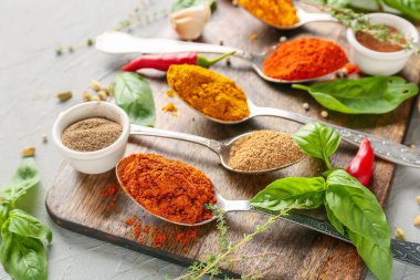 Işık arkaplanda farklı baharatlı kaşıklar, yakın plan