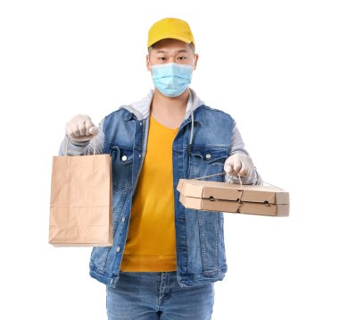 Beyaz arka planda yemek dağıtım servisi kuryesi