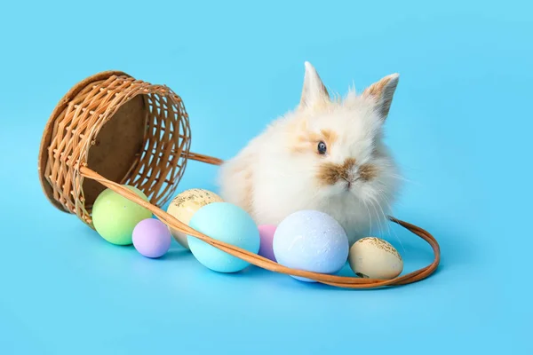 Cute Rabbit Wicker Basket Easter Eggs Color Background — Stock Photo, Image