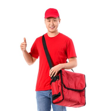 Yemek dağıtım servisi beyaz arka planda baş parmağını gösteriyor.