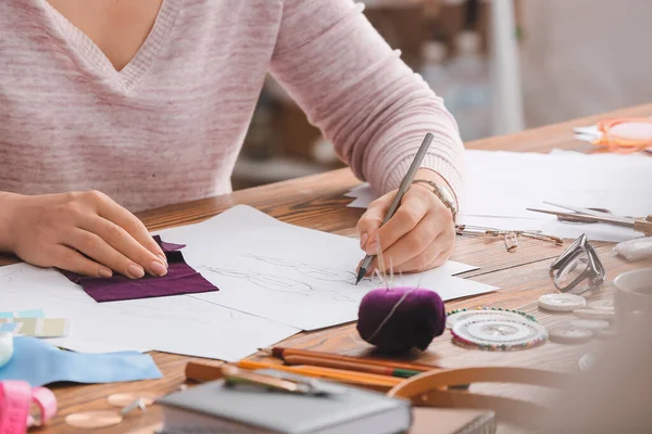 Female Fashion Designer Working Sketches Studio Closeup — Stock Photo, Image