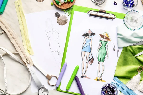 Fashion Designer Workplace Sketches Light Background — Stock Photo, Image