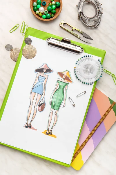 Fashion Designer Workplace Sketch Light Background — Stock Photo, Image