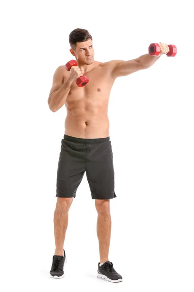 Sporty Young Man Training Dumbbells White Background — Stock Photo, Image