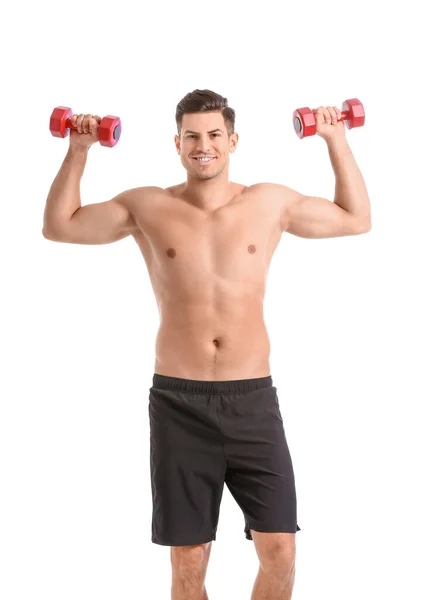 Sporty Young Man Training Dumbbells White Background — Stock Photo, Image