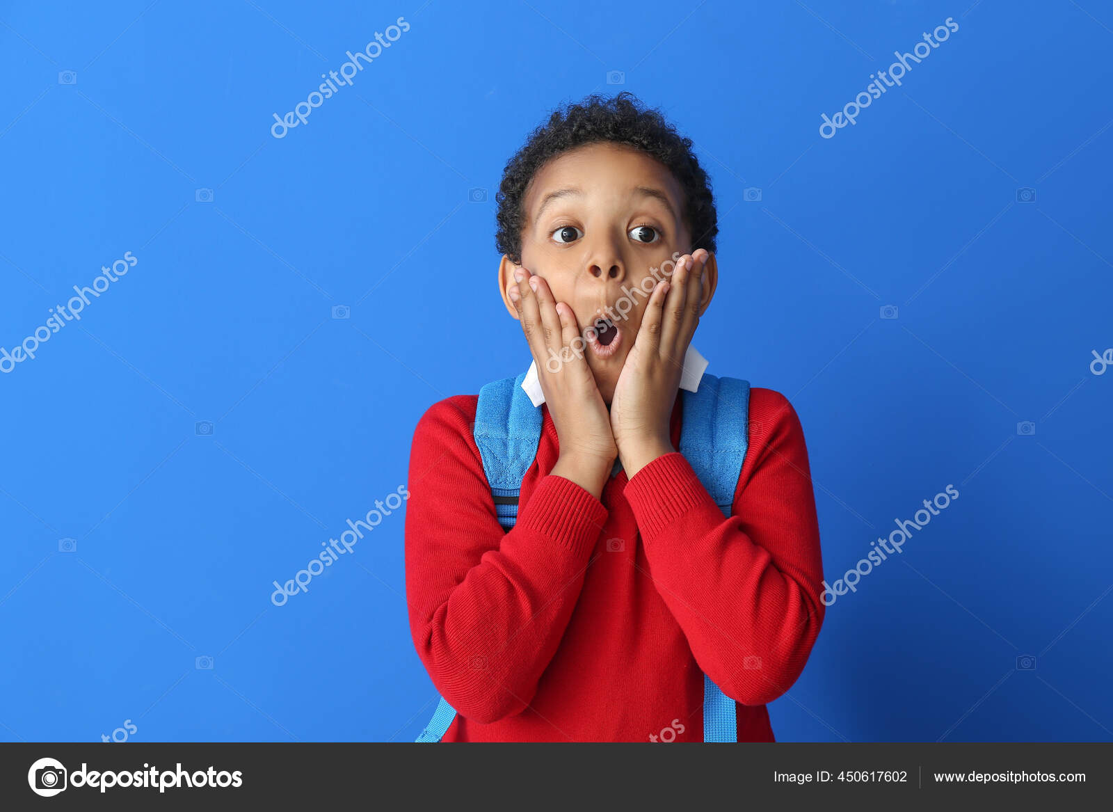 Surprised Little African American Schoolboy Color Background — Stock