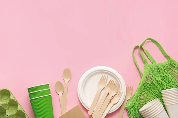 Eco Composition Tableware Color Background — Stock Photo, Image