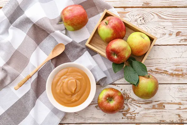 Bowl Sweet Apple Jam Wooden Background — Stock Photo, Image