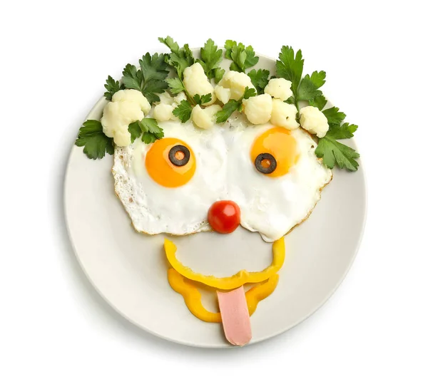 Creative Breakfast Children Eggs Fresh Vegetables White Background — Stock Photo, Image