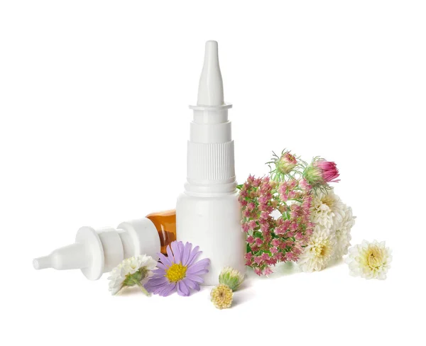 Bottles Drops Flowers White Background — Stock Photo, Image