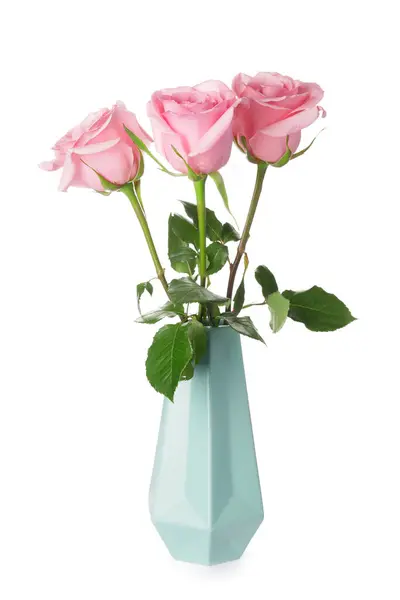Beautiful Pink Roses Vase White Background — Stock Photo, Image