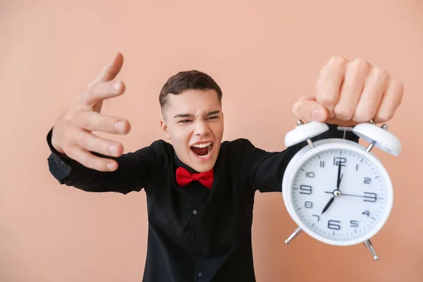 Stressed Teenager Alarm Clock Color Background — Stock Photo, Image