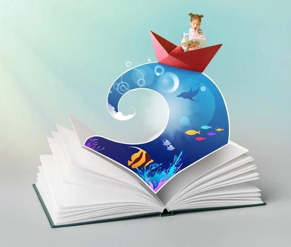 Open book with drawn sea wave and surprised little schoolgirl in paper boat on color background