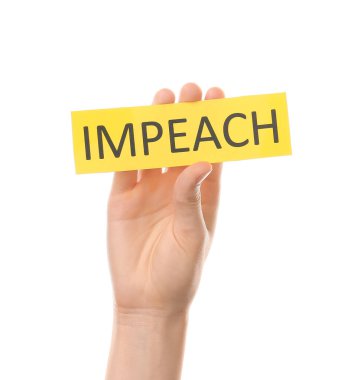 Beyaz zemin üzerinde IMPEACH metin ile el ele kağıt
