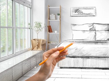 Tasarımcı yatak odasının içini çiziyor