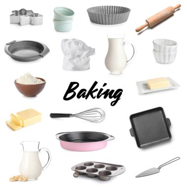 Fırın için mutfak gereçleri ve beyaz arka planda ürünler.