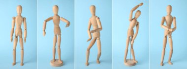 Renk arkaplanındaki ahşap manken kolajı