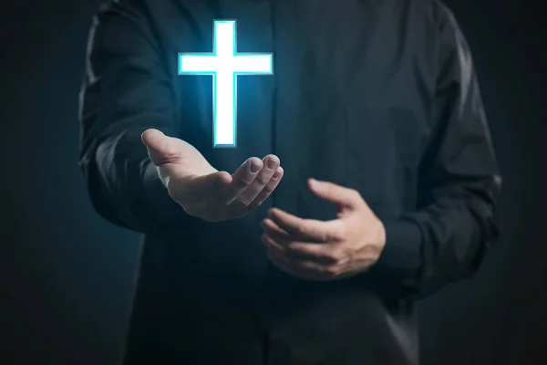 Young Priest Cross Dark Background — Stock Photo, Image