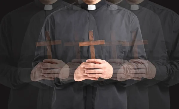 Young Priest Cross Dark Background — Stock Photo, Image