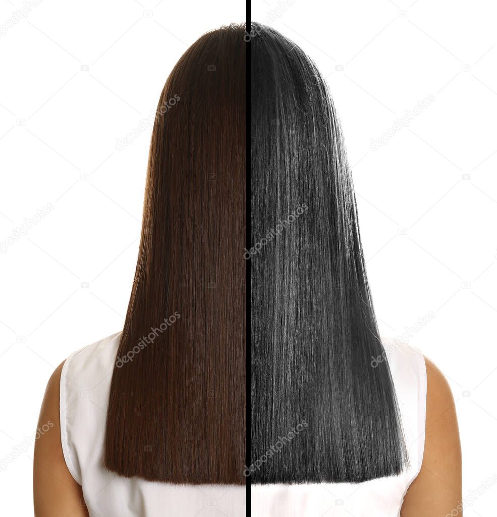 Comparison of woman with young and grey hair on white background, back view